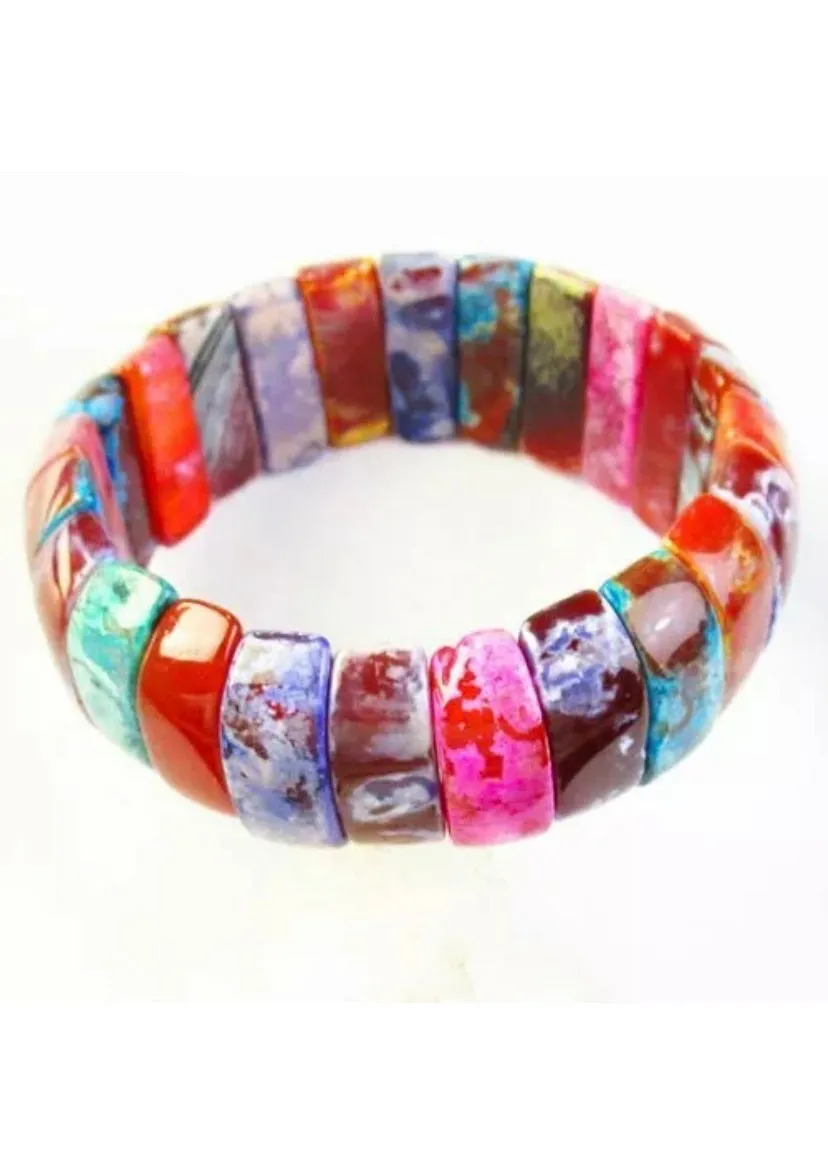 Iridescent Multi-Colored Fire Agate Bangle Bracelet