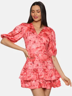 IS.U Floral Coral Two Tiered Ruffle Mini Dress