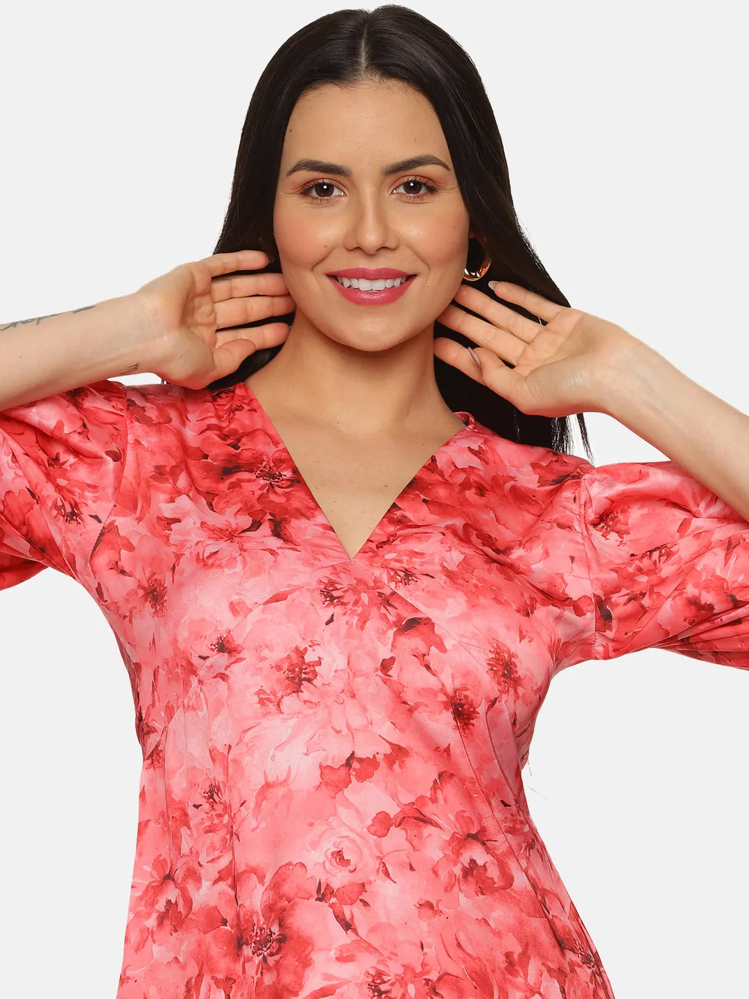 IS.U Floral Coral Two Tiered Ruffle Mini Dress