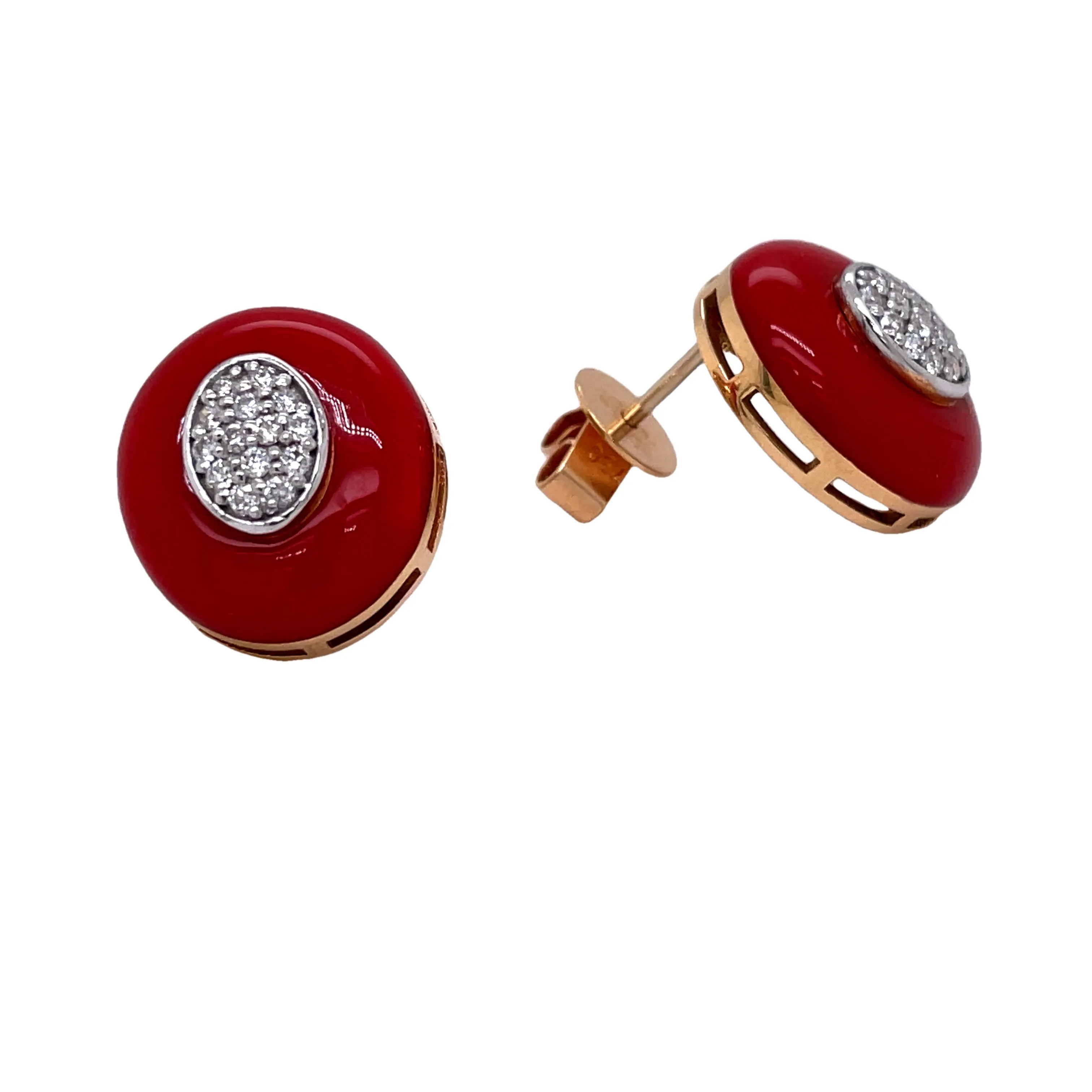 Italian Made Coral Diamond Small Stud Earrings