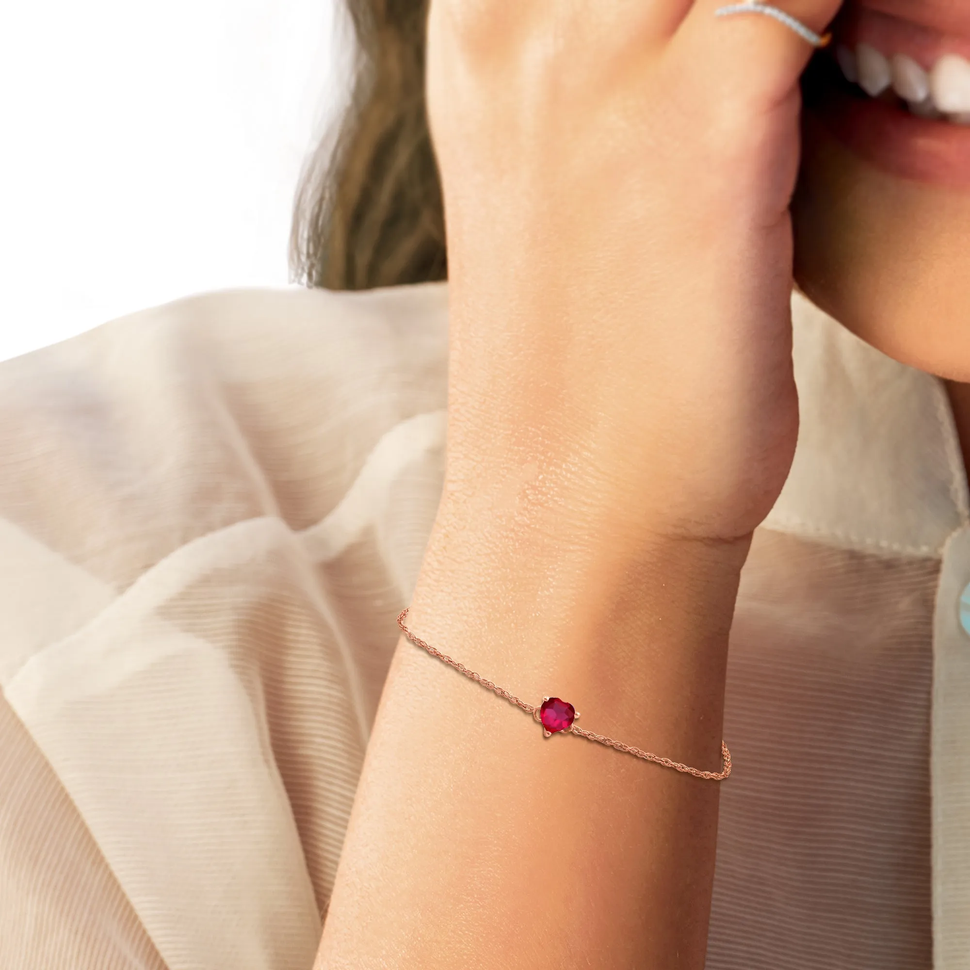 Jewelili 10K Rose Gold With Created Ruby Adjustable Bracelet