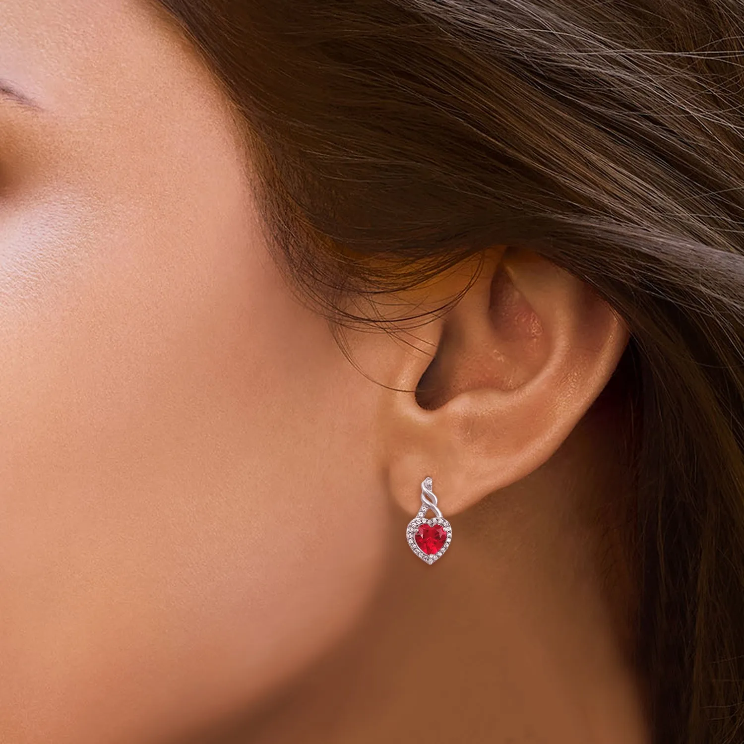 Jewelili Sterling Silver With Created Heart Ruby and Round Created White Sapphire Earrings, Bolo Bracelet and Pendant Necklace Box set