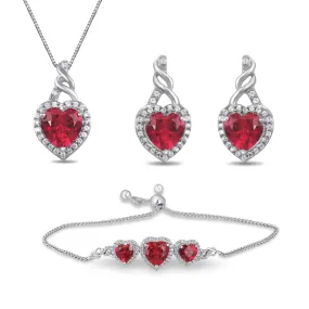 Jewelili Sterling Silver With Created Heart Ruby and Round Created White Sapphire Earrings, Bolo Bracelet and Pendant Necklace Box set