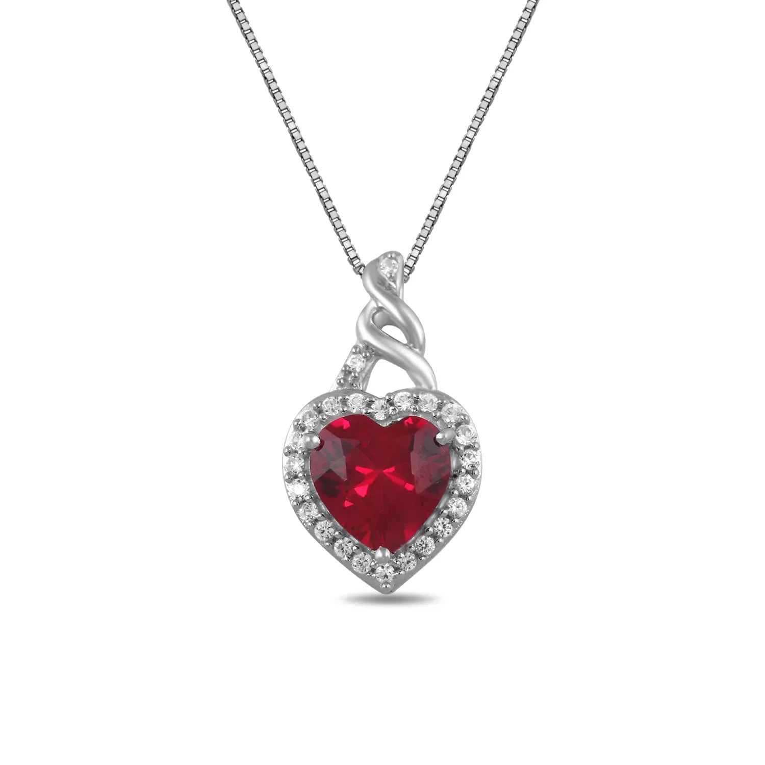 Jewelili Sterling Silver With Created Heart Ruby and Round Created White Sapphire Earrings, Bolo Bracelet and Pendant Necklace Box set