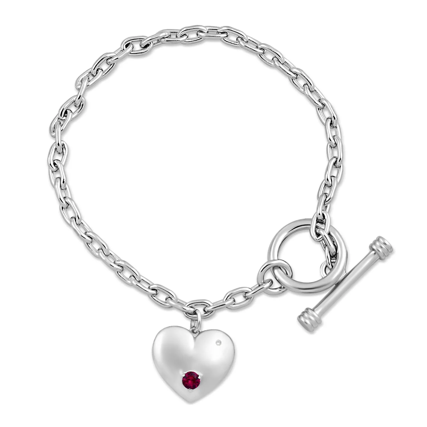 Jewelili Sterling Silver With Created Ruby and Created White Sapphire Heart Bracelet