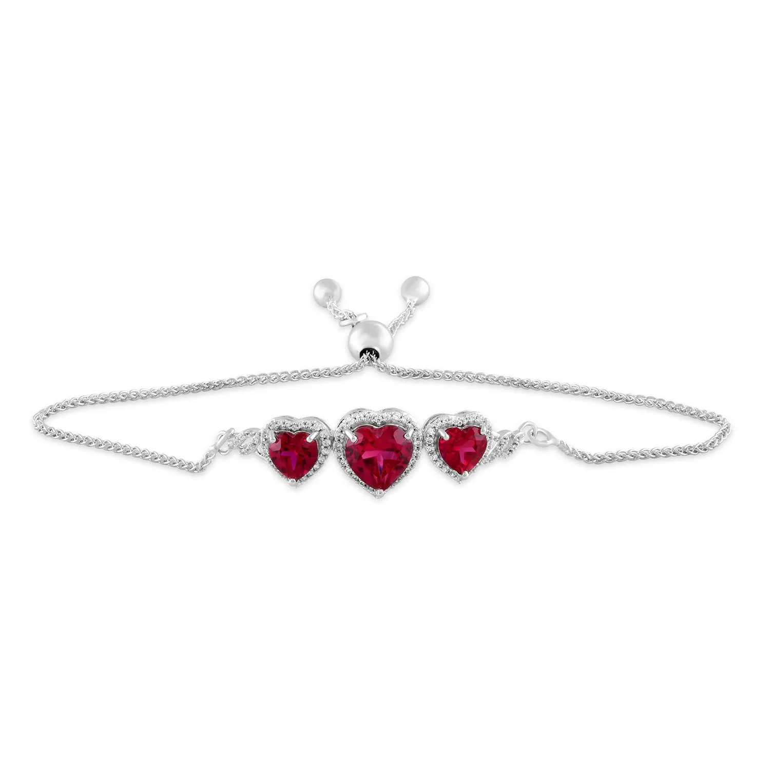 Jewelili Sterling Silver With Heart Created Ruby and Created White Sapphire Bolo Bracelet