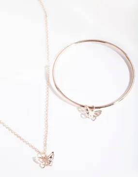 Kids Rose Gold Butterfly Necklace & Bangle Set