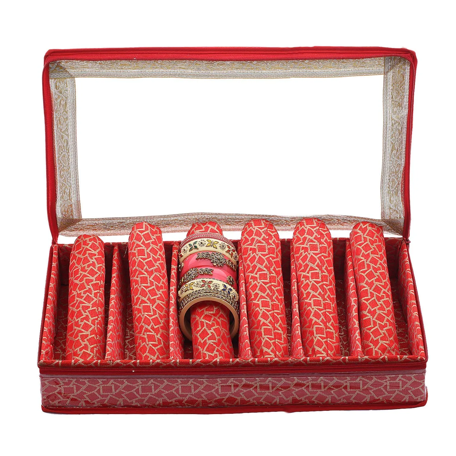 Kuber Industries Brocade Hardboard Six Rod Bangle Box (Red) - CTKTC42001