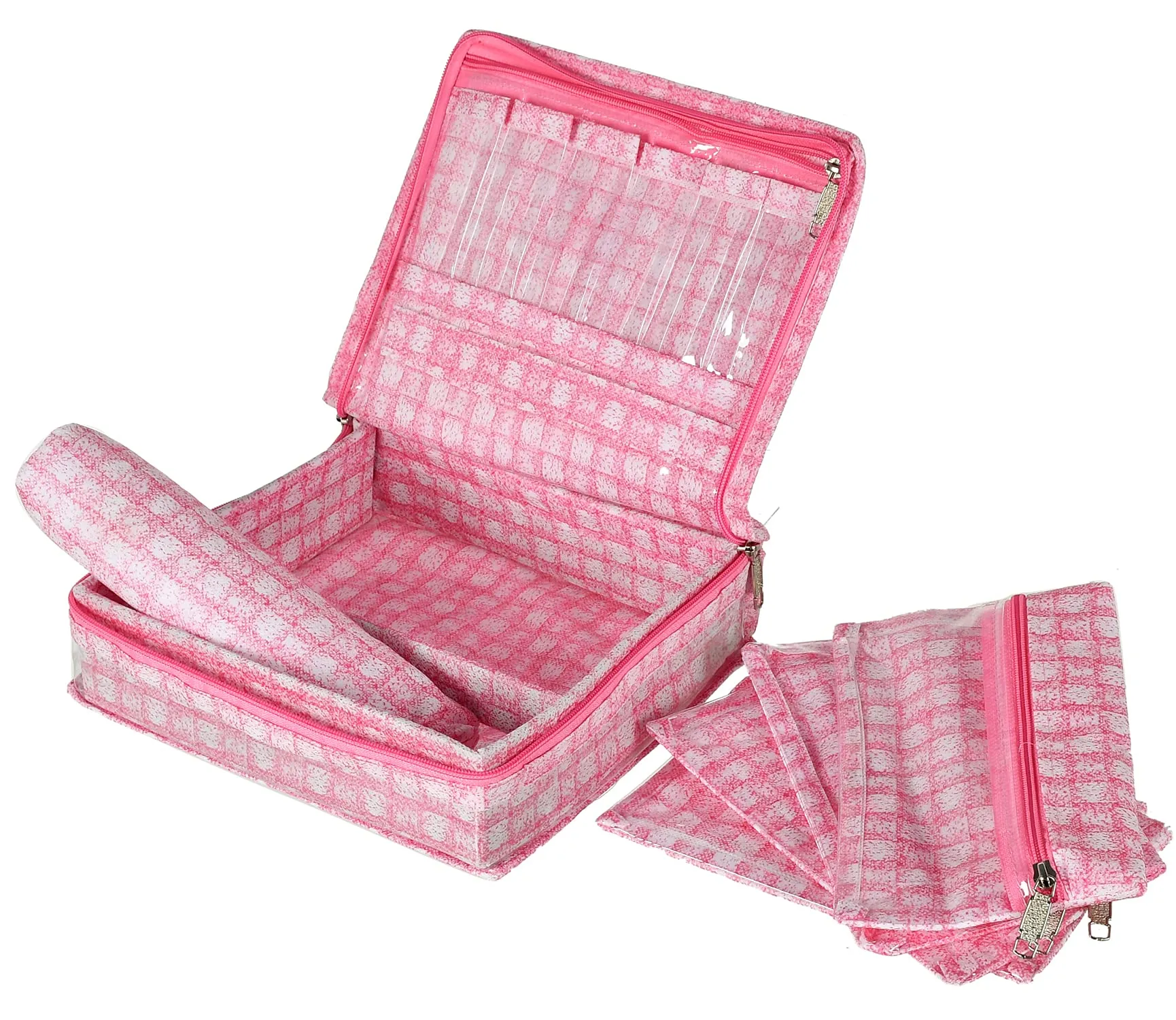 Kuber Industries Check Design Laminated PVC Jewellery Box/Organizer with 4 Transparent Pouch & 1 Bangle/Watch Rod (Pink)-HS_38_LUGGAGE21278, Pack of 1