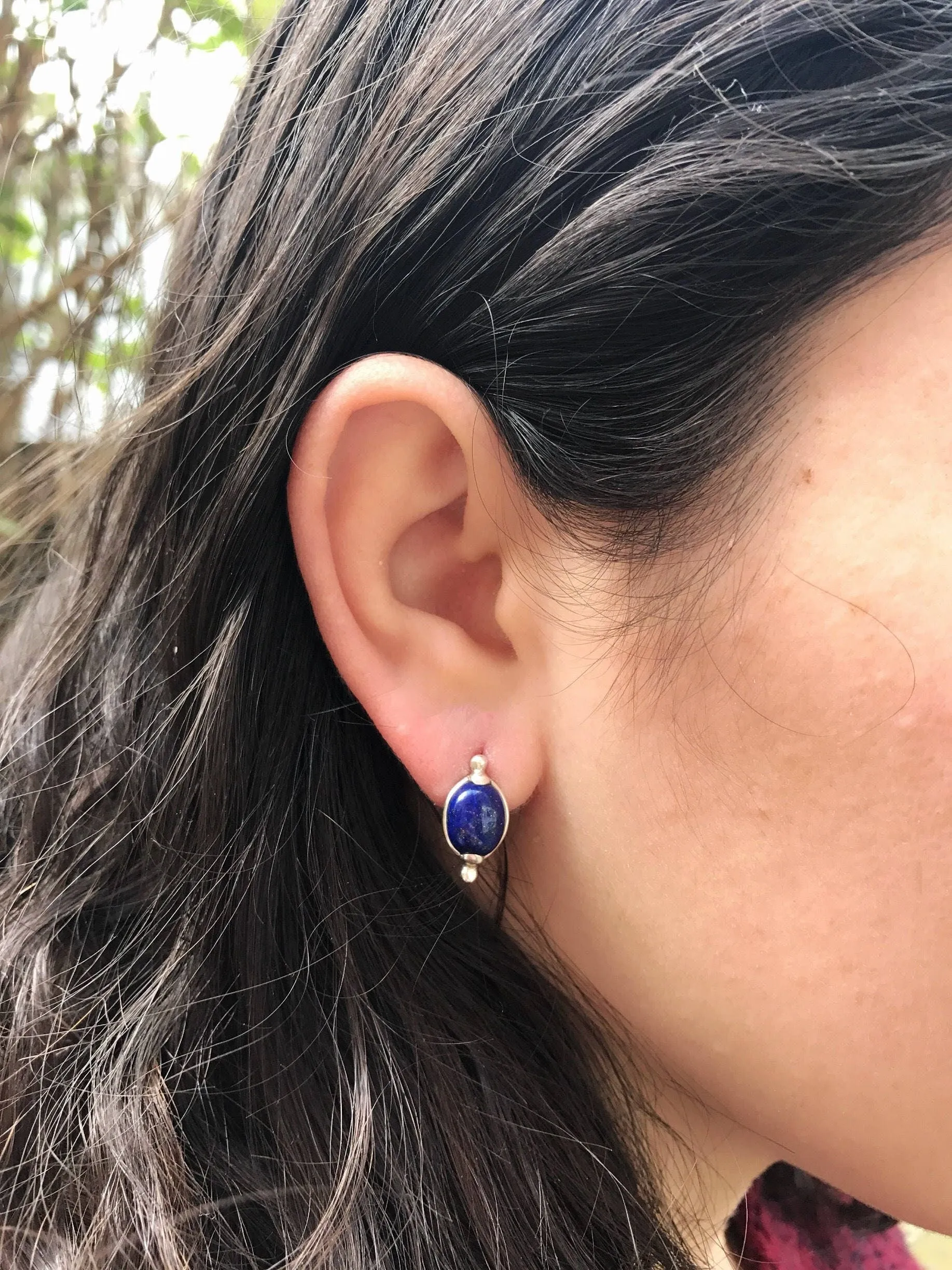 Lapis Earrings - Blue Oval Earrings - Vintage Boho Studs