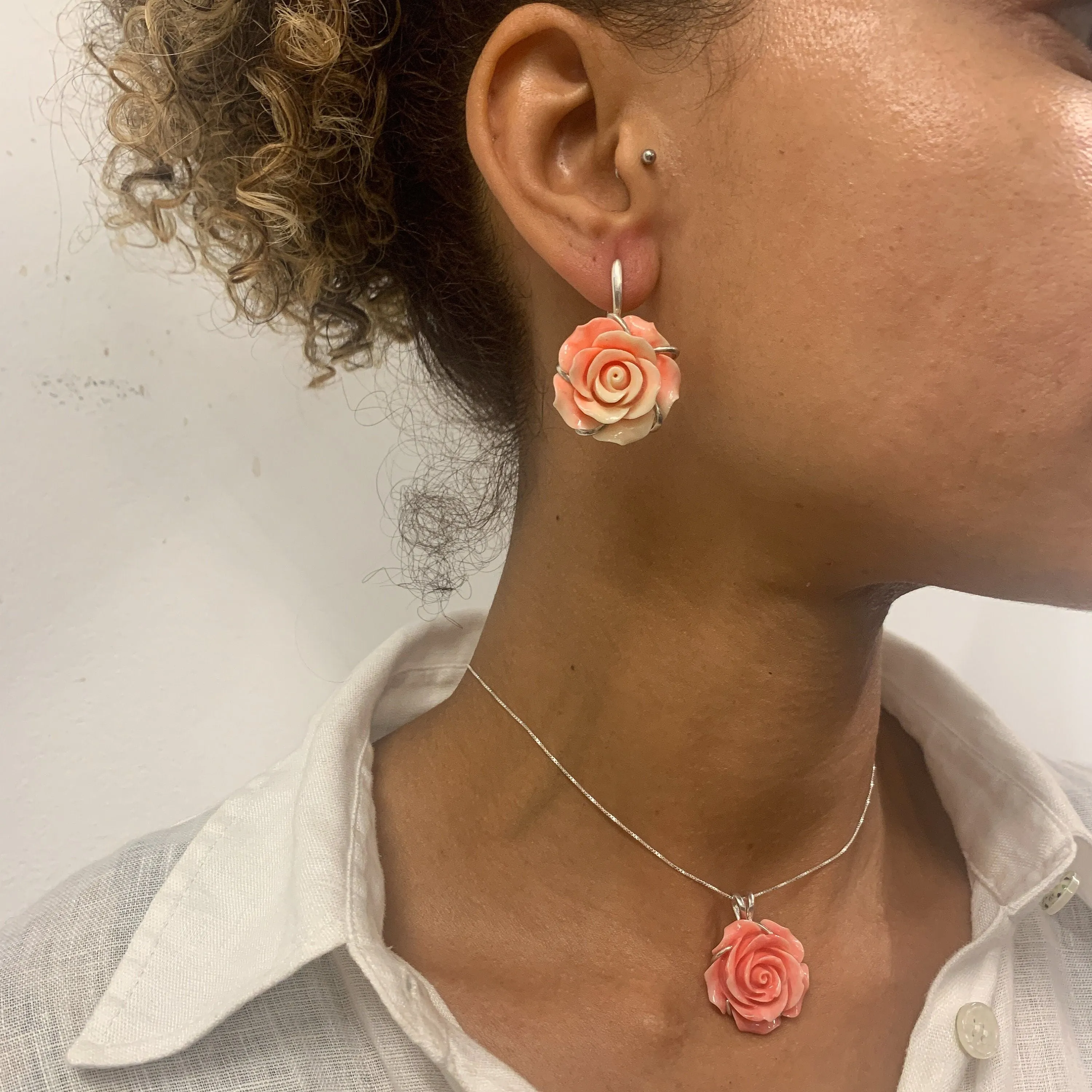 Large Rose Pendant - Coral Flower Necklace - Statement Rose Necklace