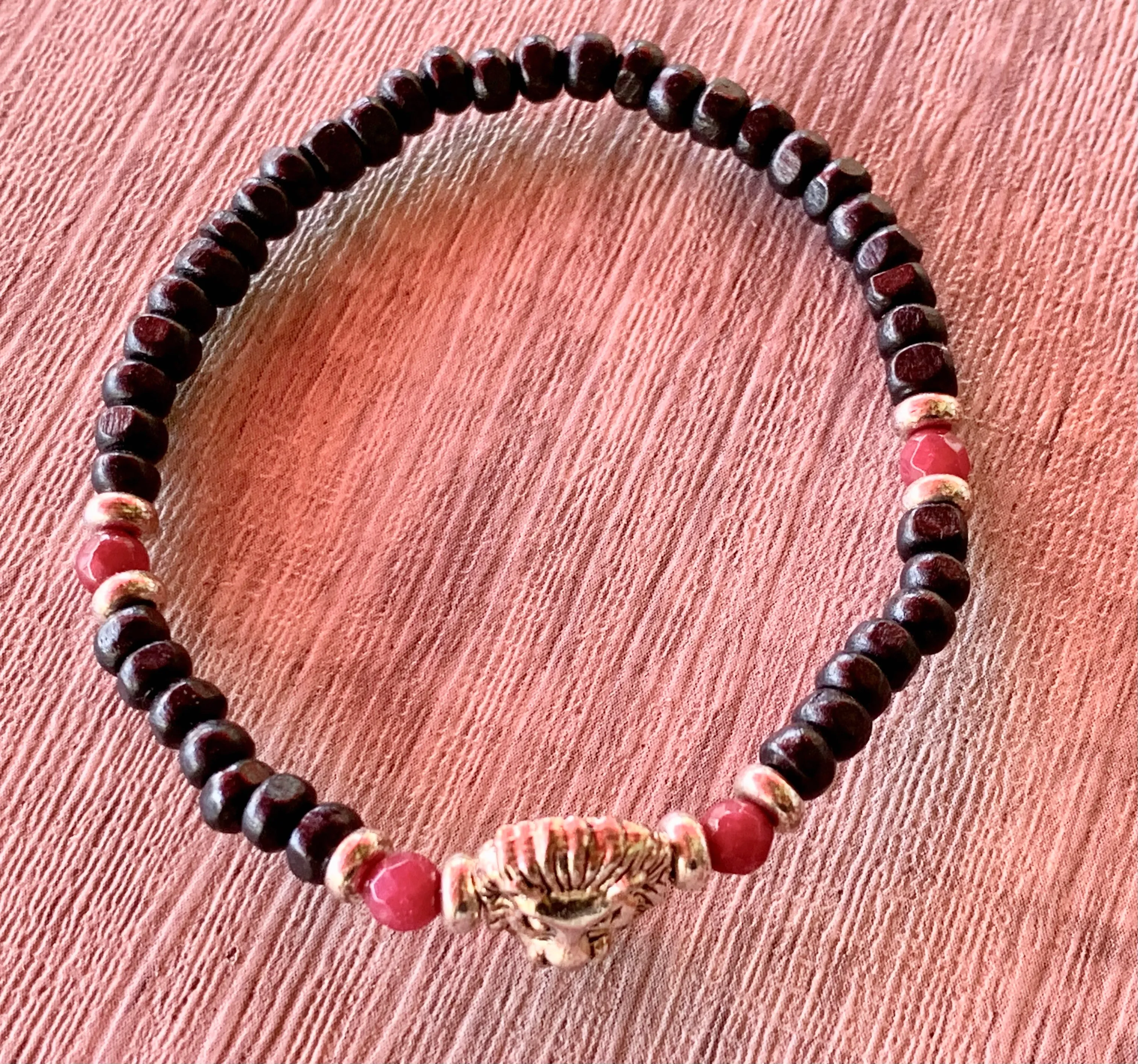 Leo Handmade Ruby, Gold Plated Hematite, and White Lava Or Black Wood Beaded Expandable Bracelet with Lion Charm