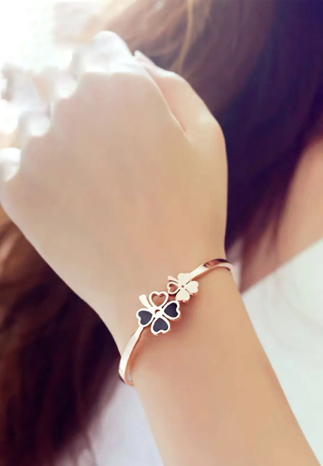 Liliane Clover Leaf Flower Cuff Bangle in Rose Gold