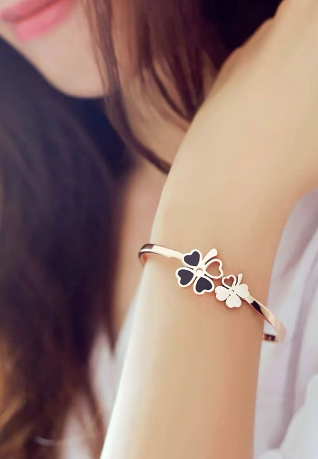 Liliane Clover Leaf Flower Cuff Bangle in Rose Gold