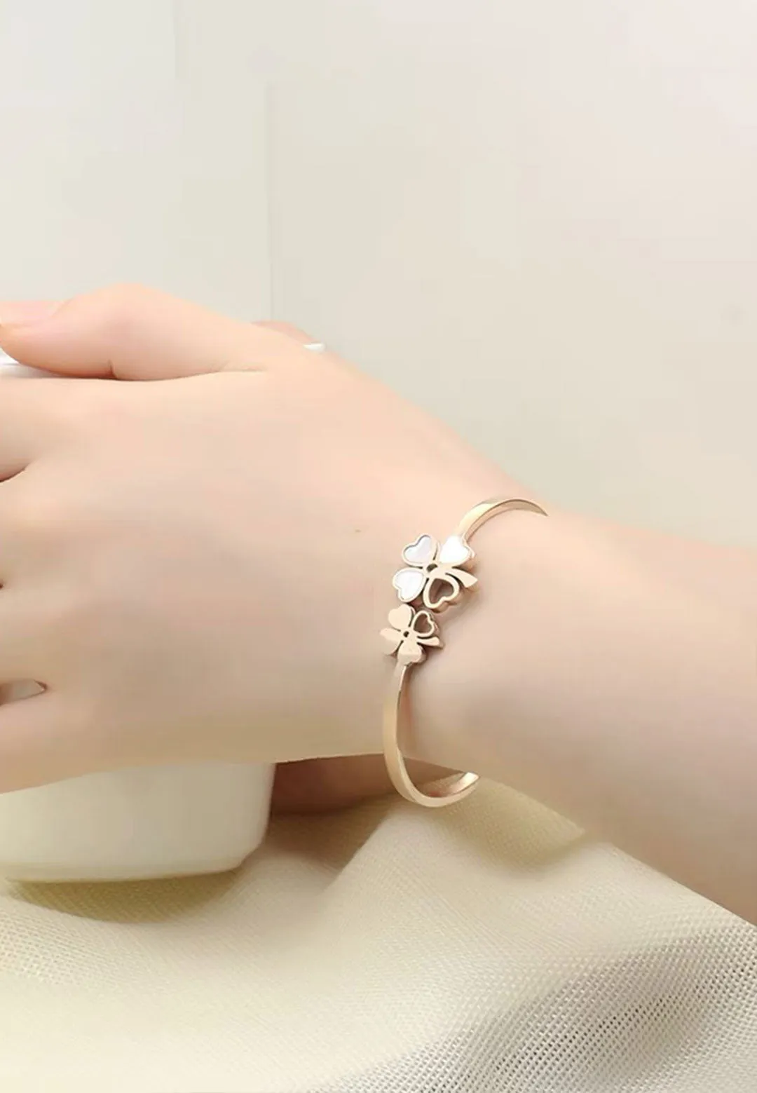 Liliane Clover Leaf Flower Cuff Bangle in Rose Gold