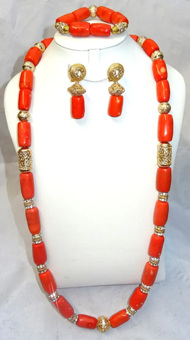 Long Coral with Silver Gold Bling 1 Layers Original Traditional African Coral Beads With Gold Plated Necklace Jewelry Set