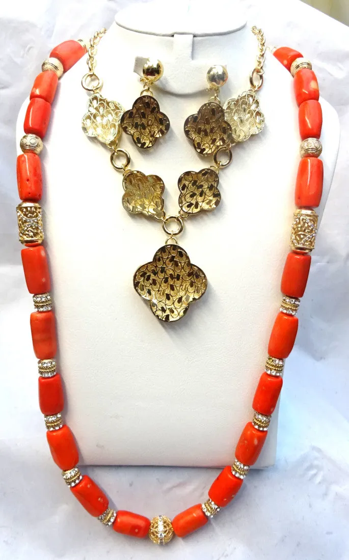 Long Coral with Silver Gold Bling 1 Layers Original Traditional African Coral Beads With Gold Plated Necklace Jewelry Set