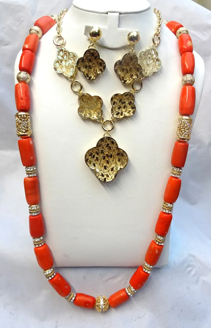 Long Coral with Silver Gold Bling 1 Layers Original Traditional African Coral Beads With Gold Plated Necklace Jewelry Set