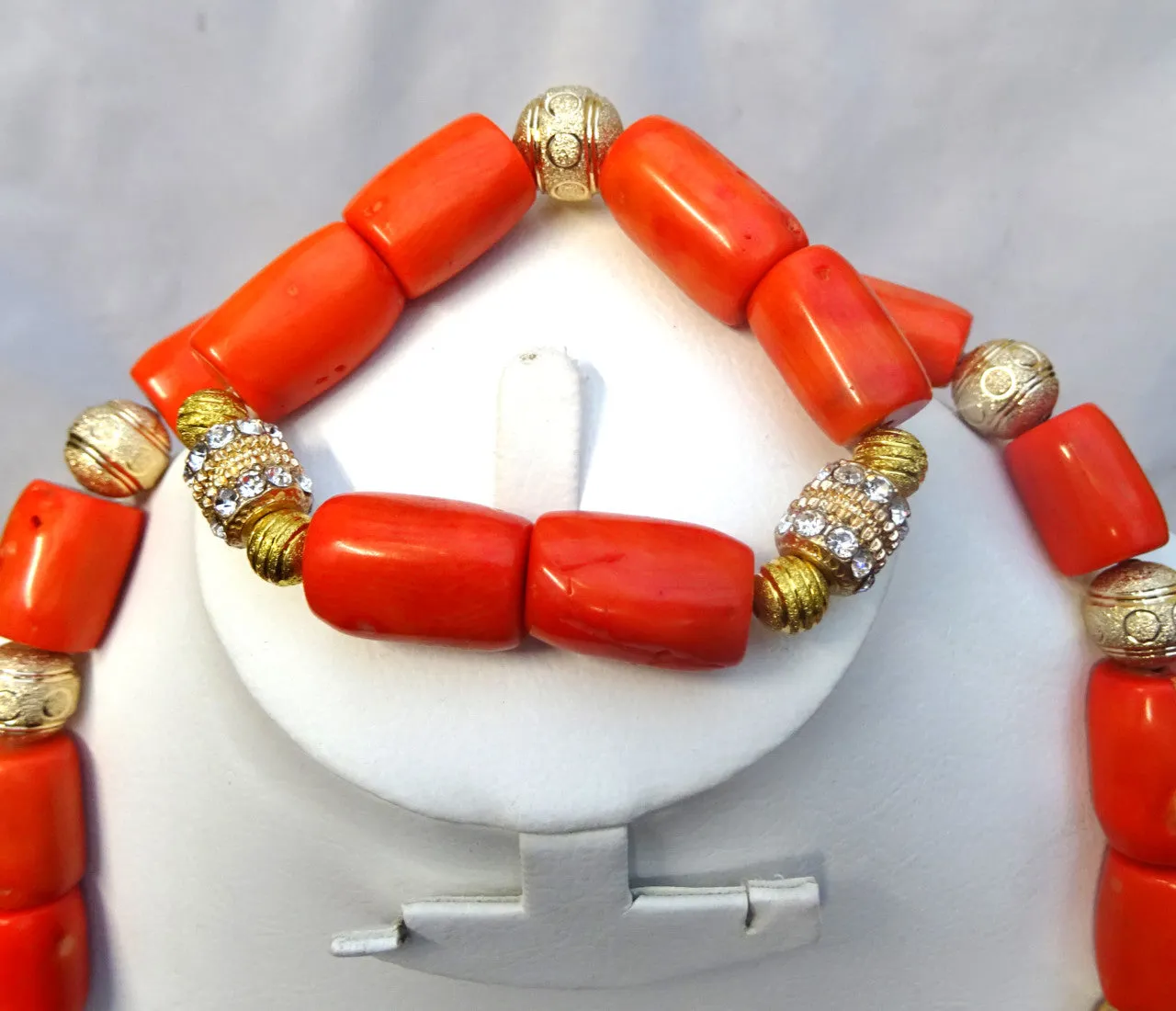 Long Coral with Silver Gold Bling 1 Layers Original Traditional African Coral Beads With Gold Plated Necklace Jewelry Set