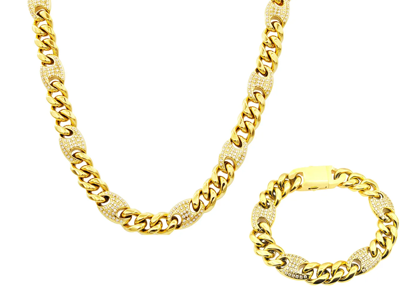 Mens 10mm Gold Plated Stainless Steel Mariner Curb Chain Set With Cubic Zirconia