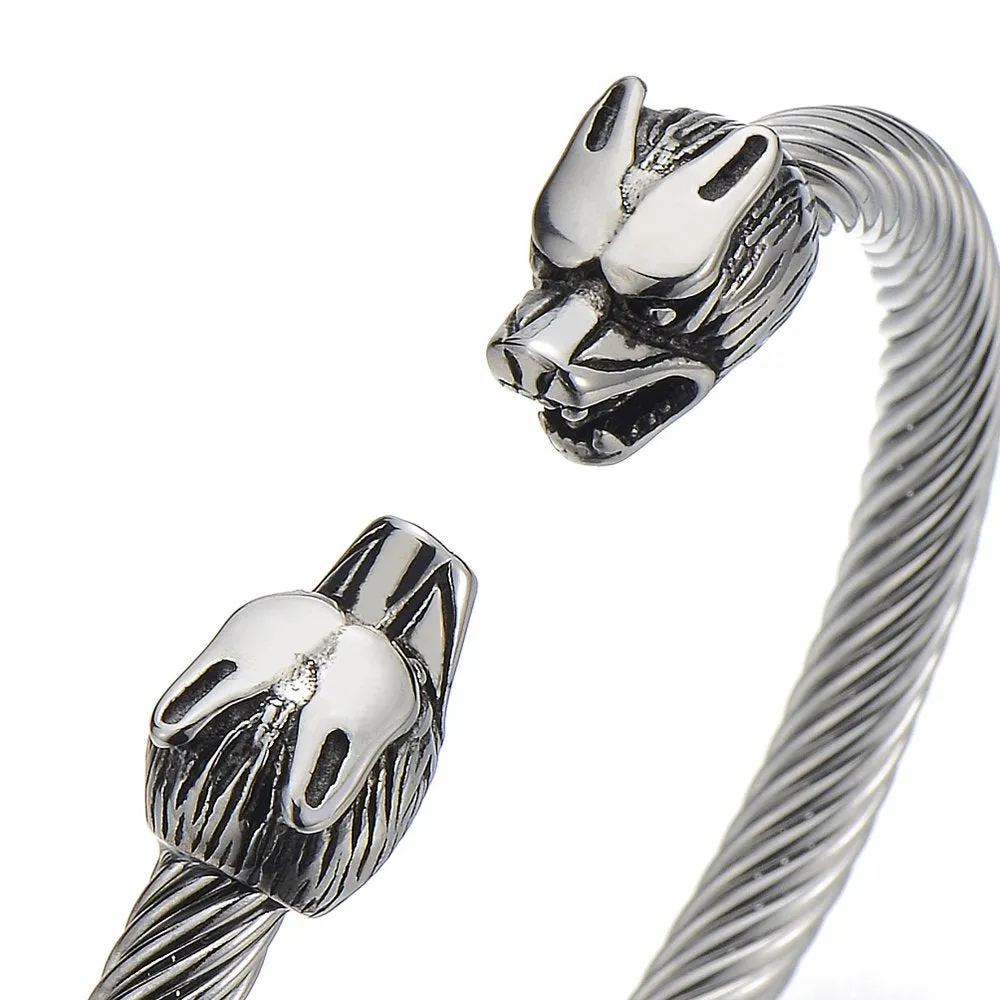 Mens Wolf Bracelet Stainless Steel Bangle Cuff Bracelet Silver Color Polished