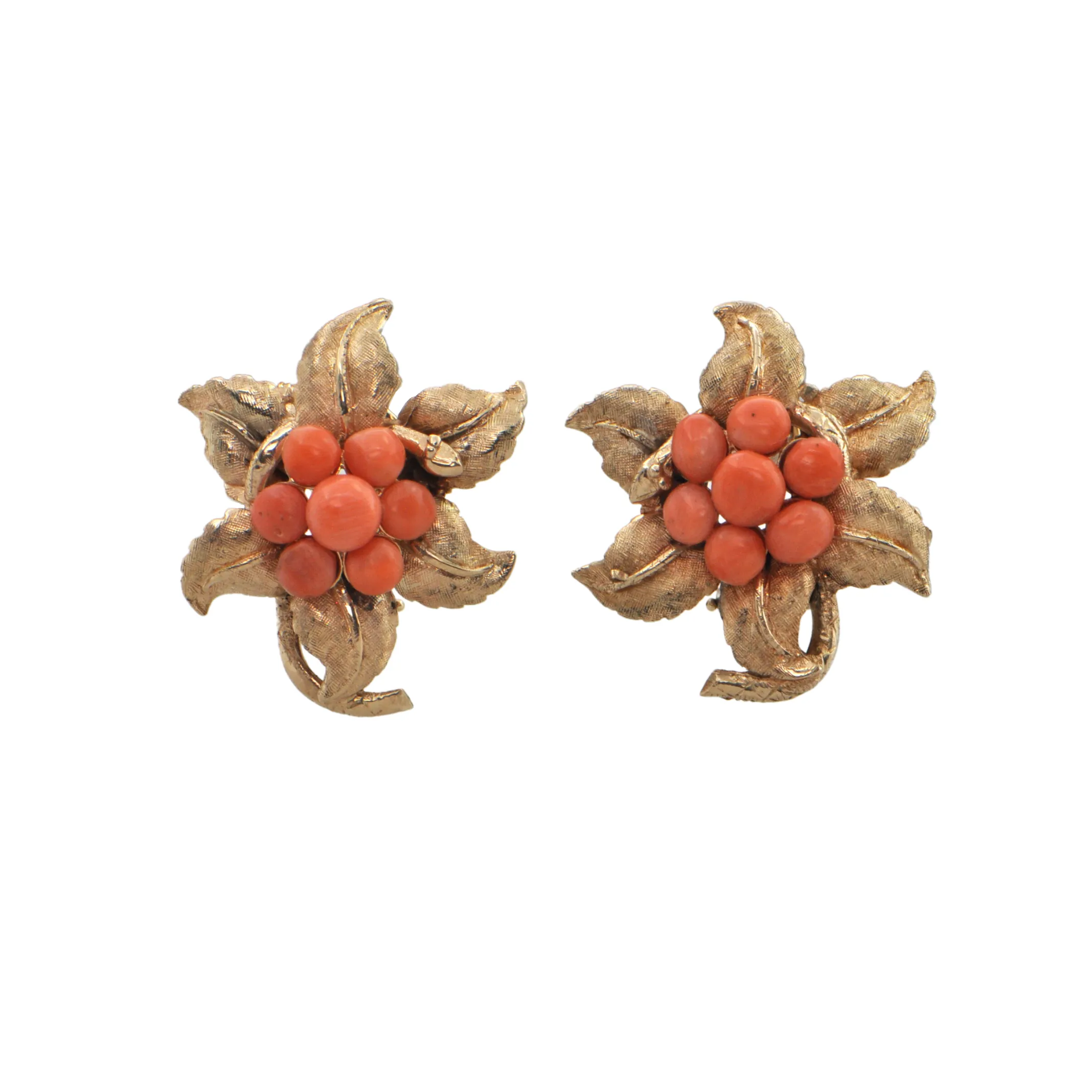 Mid-Century Coral 14k Gold Flower Earrings