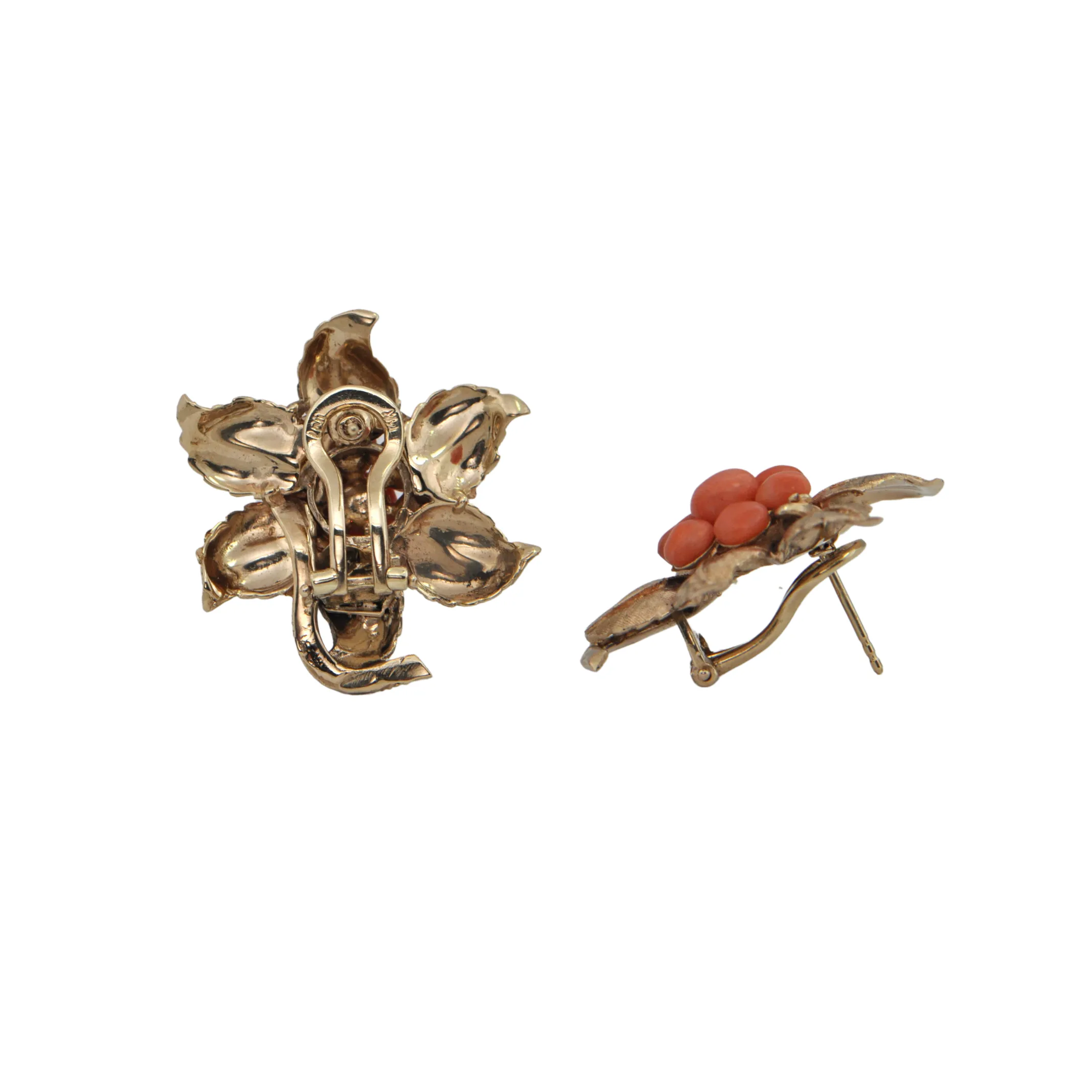 Mid-Century Coral 14k Gold Flower Earrings