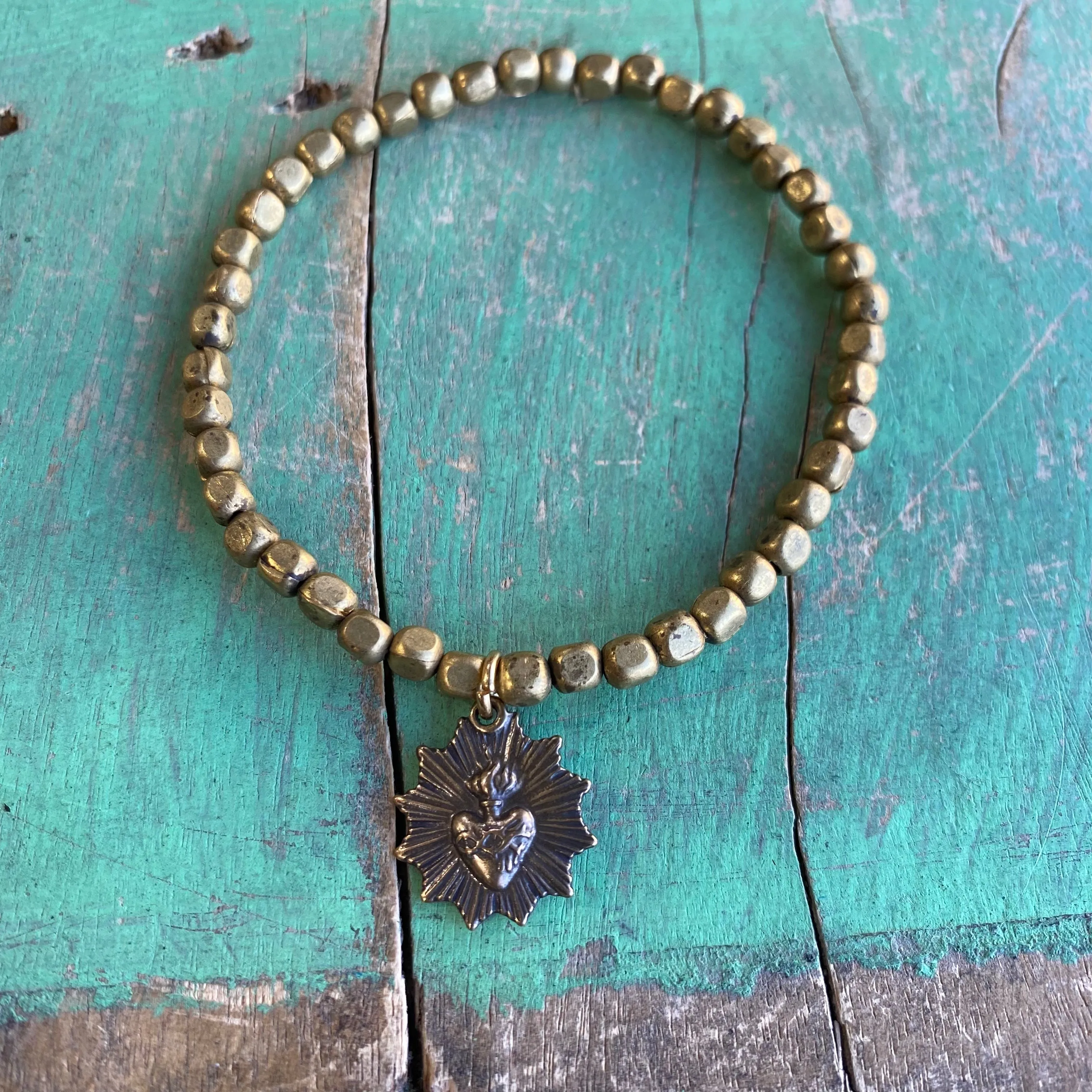 Mini Brass Beaded Sacred Heart Bracelet