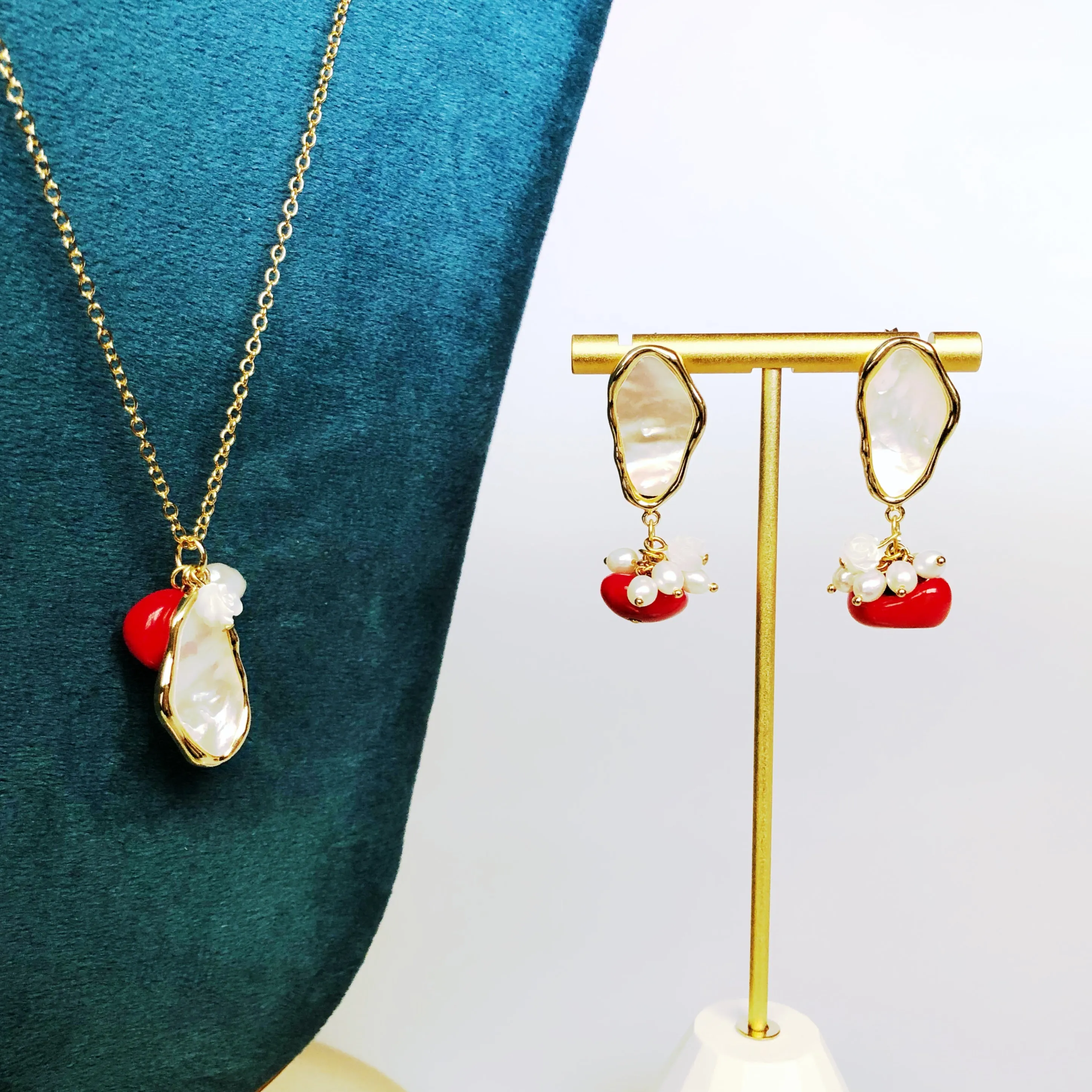 Mother Pearl and Red Coral Cluster Earrings Gold