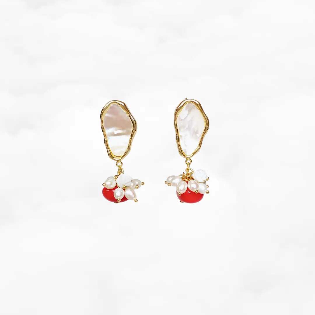 Mother Pearl and Red Coral Cluster Earrings Gold