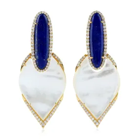 Natural Fancy Cut MOP Oval Lapis Prong Diamond Party Wear Danglers In 18K Solid Gold For Her