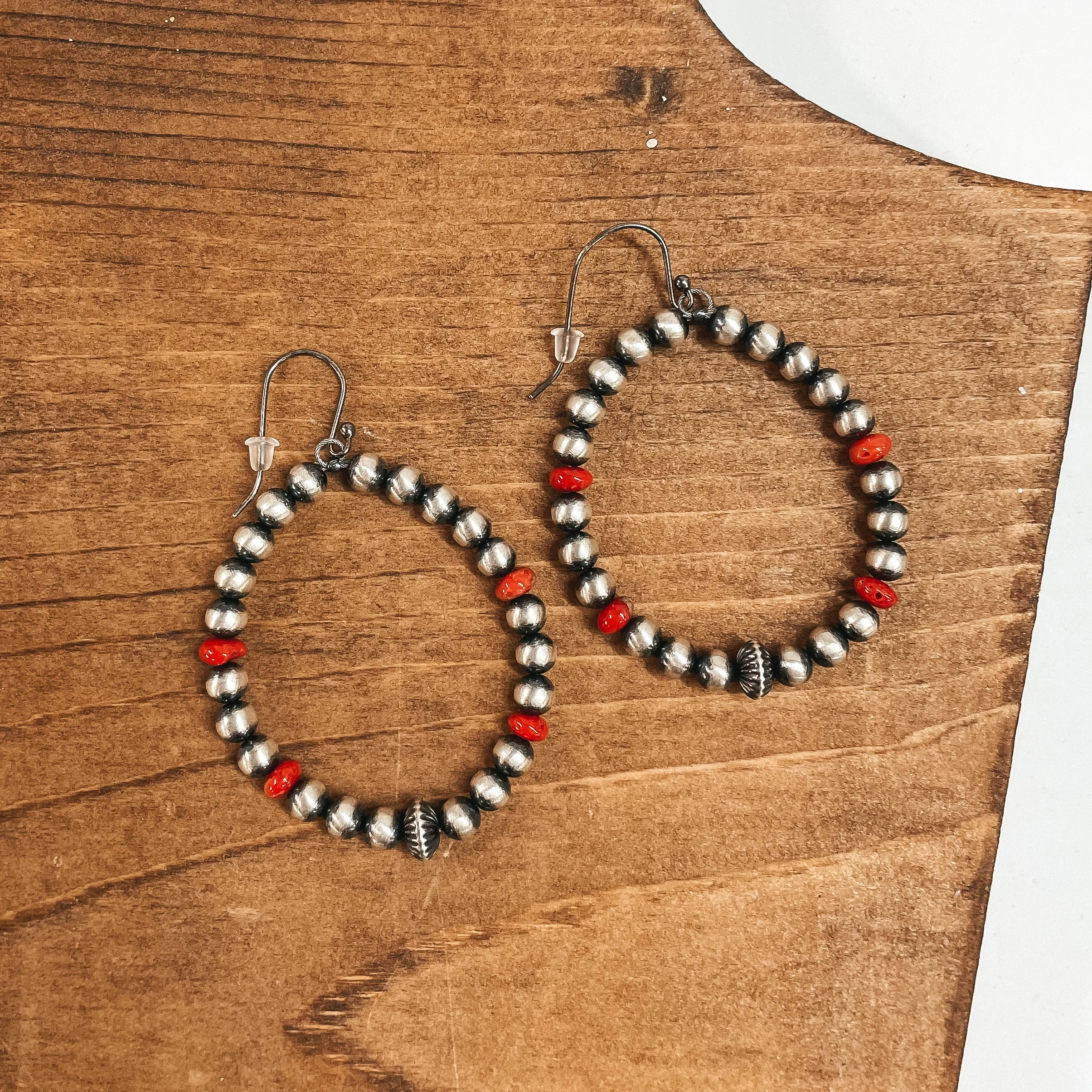 Navajo | Navajo Handmade Sterling Silver Navajo Pearl Teardrop Earrings with Coral Beads