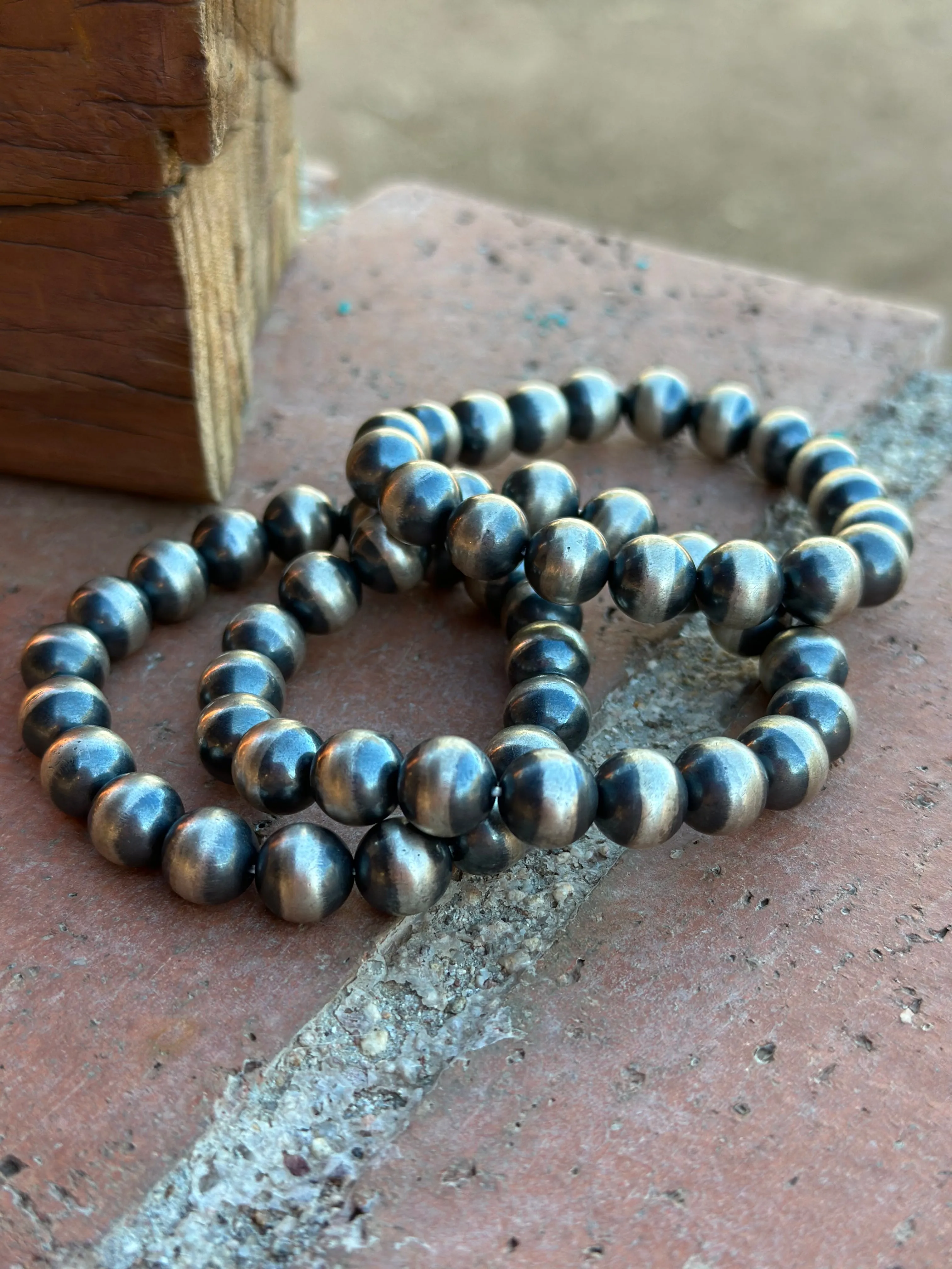 Navajo Sterling Silver 10mm Beaded Elastic Bracelet