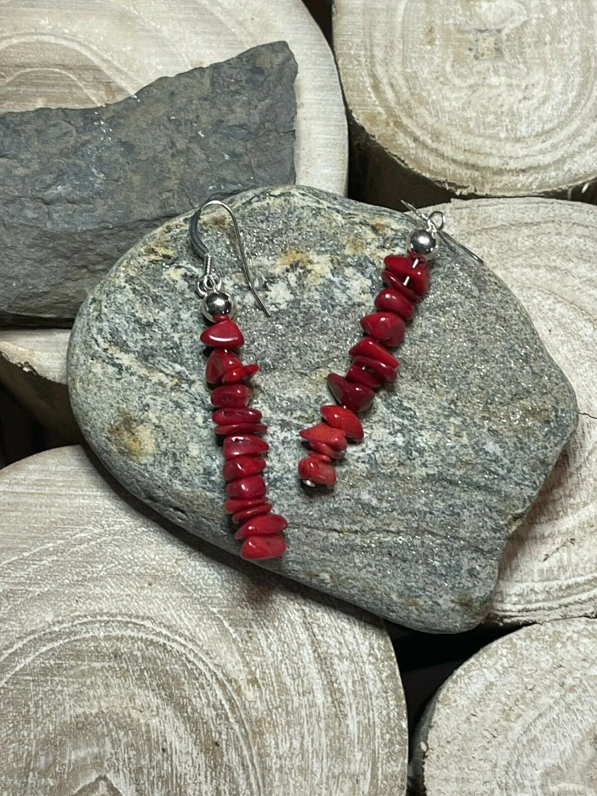 Navajo Sterling Silver Apple Coral Chip Dangle Earrings