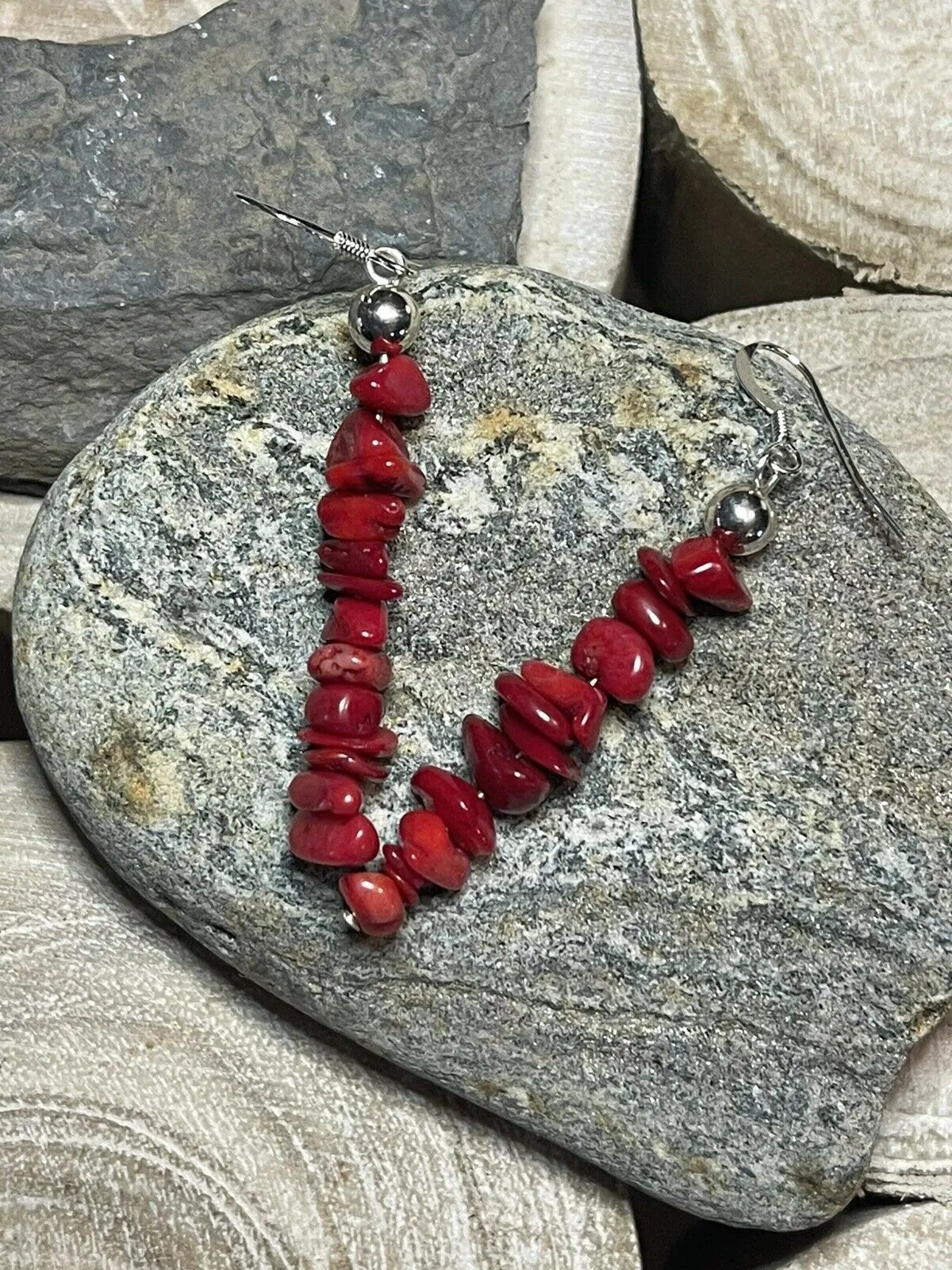 Navajo Sterling Silver Apple Coral Chip Dangle Earrings