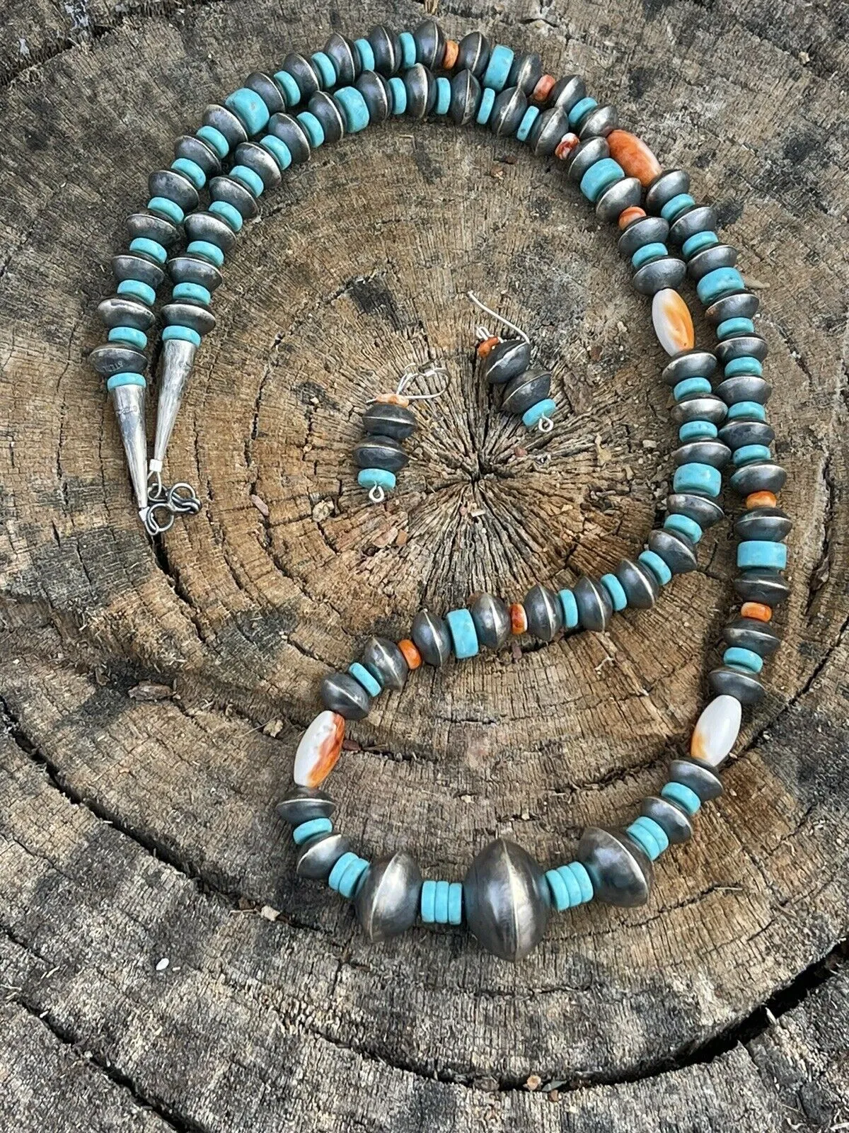 Navajo Sterling Silver Handmade Turquoise and Spiny Beaded Necklace Set