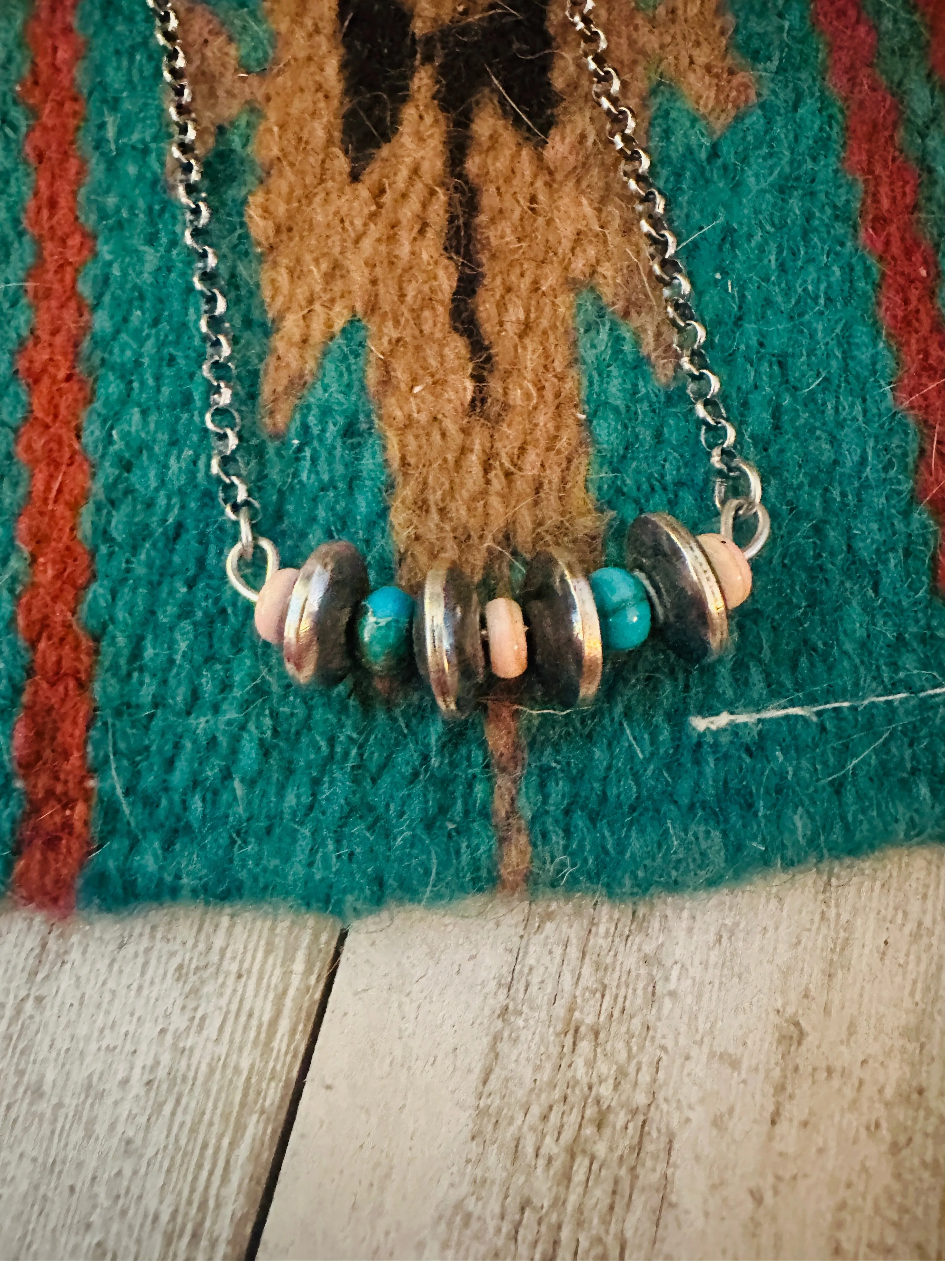 Navajo Turquoise, Queen Pink Conch & Sterling Silver Beaded Chain Necklace