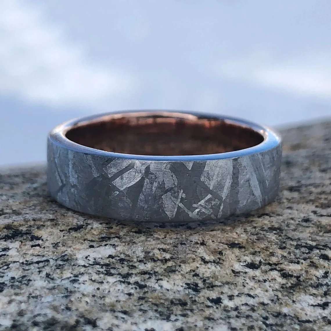 New 6mm Meteorite Ring with 14k Rose Gold Sleeve Wedding Band Custom Made Meteorite Wedding Rings