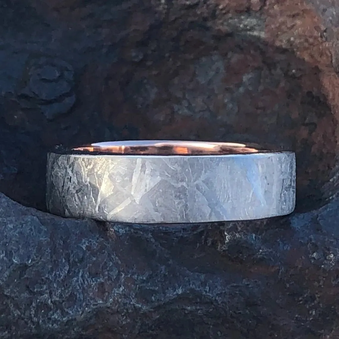 New 6mm Meteorite Ring with 14k Rose Gold Sleeve Wedding Band Custom Made Meteorite Wedding Rings