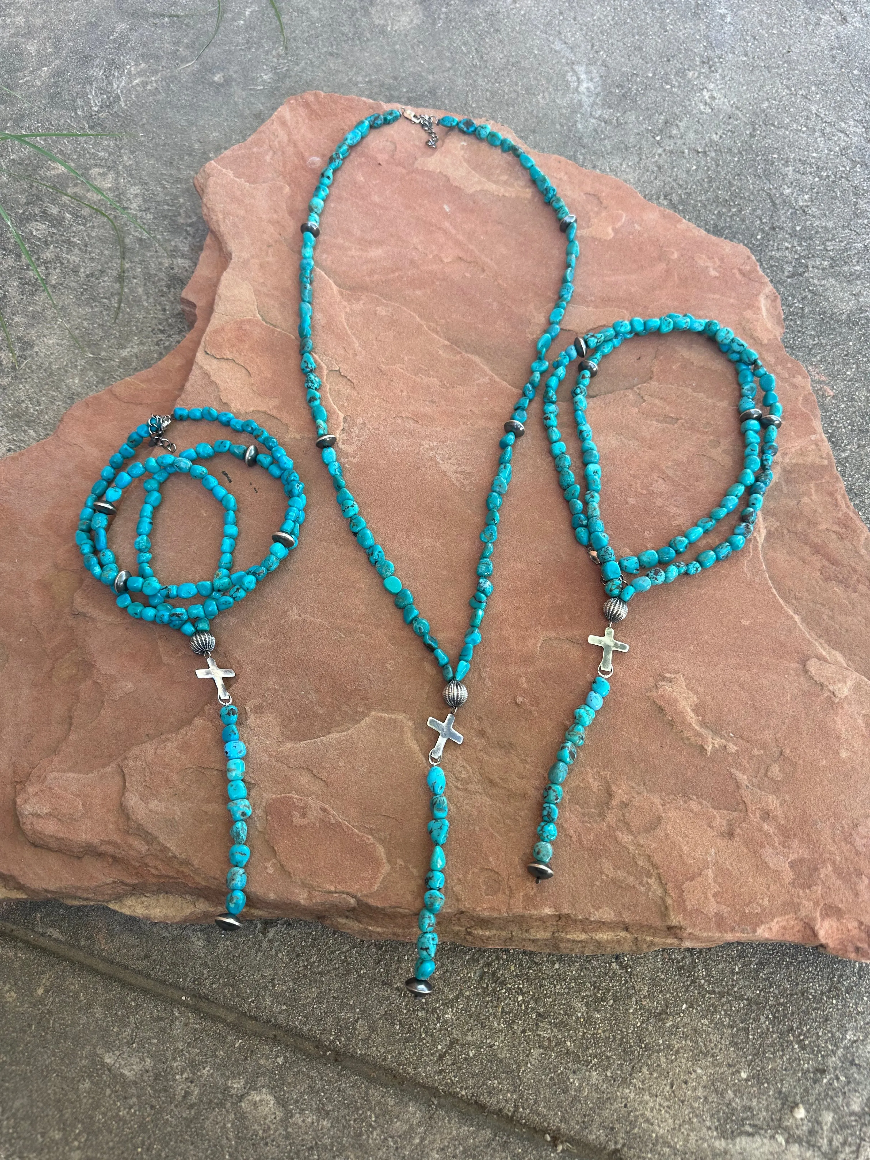 Nizhoni’s Handmade Sterling Silver Turquoise Beaded Lariat Cross Necklace