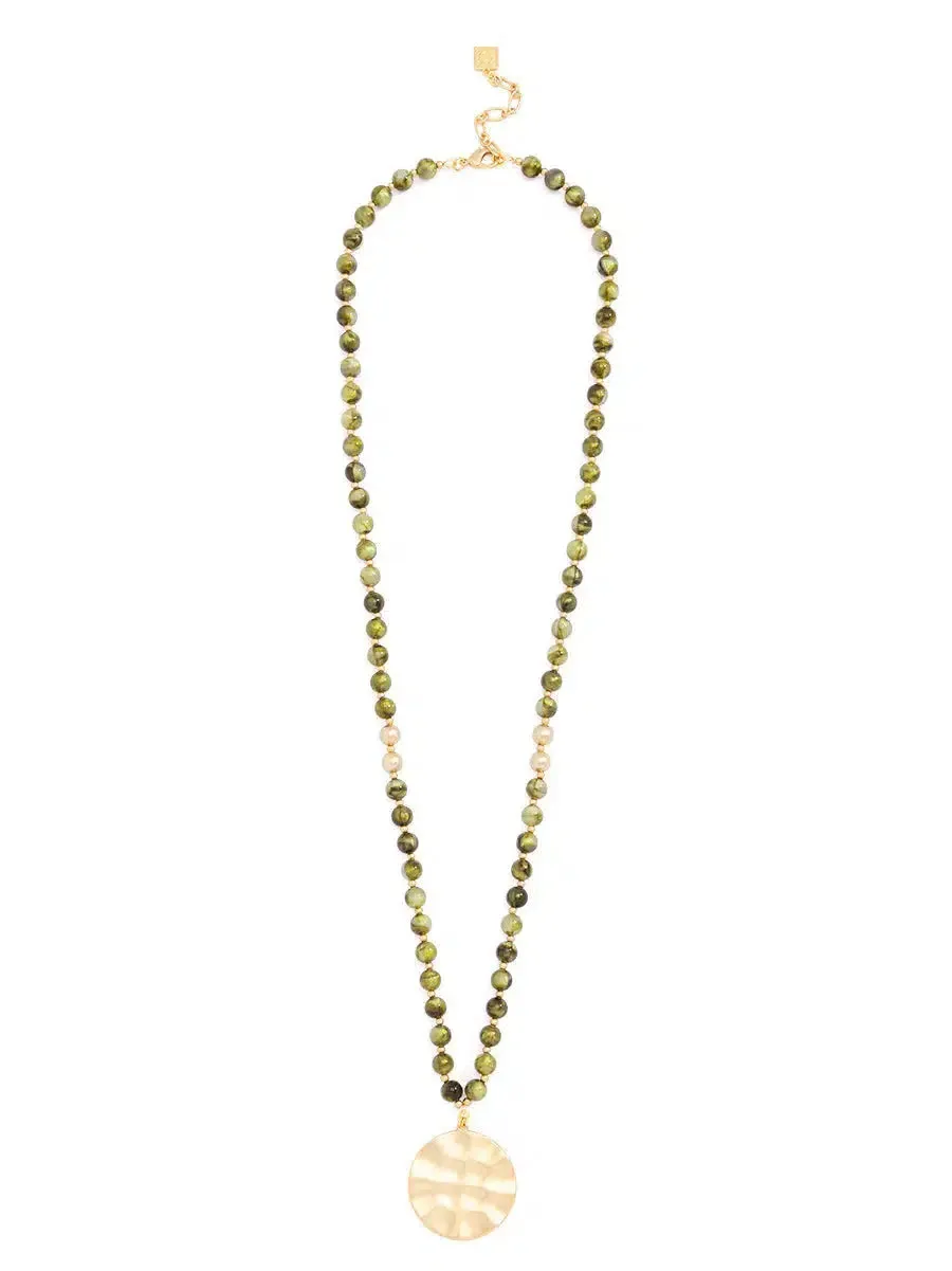 Olive Iridescent Beaded Long Necklace