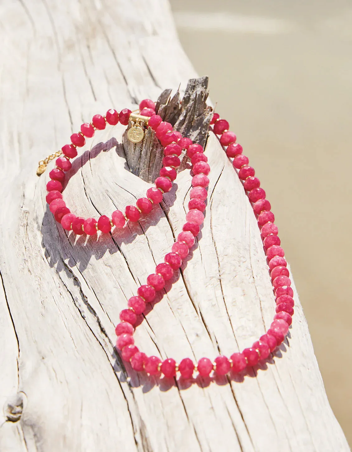 Oval Stone Beaded Necklace - Pink