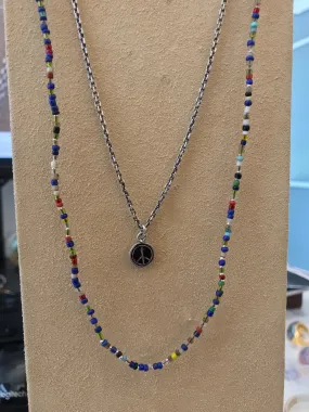 Peace on Multicolor Glass Bead Sterling Silver Chain Necklace I Jan Leslie