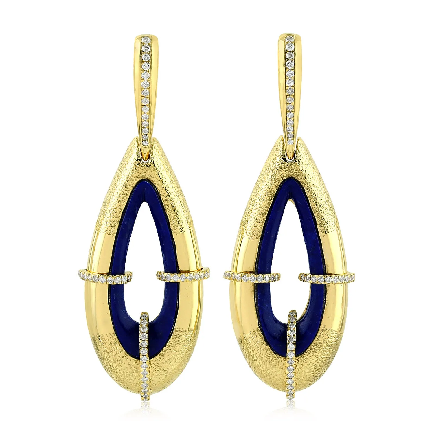 Pear Cut Lapis Pave Diamond Drop Ethnic Dangler In 18K Yellow Gold For Wedding