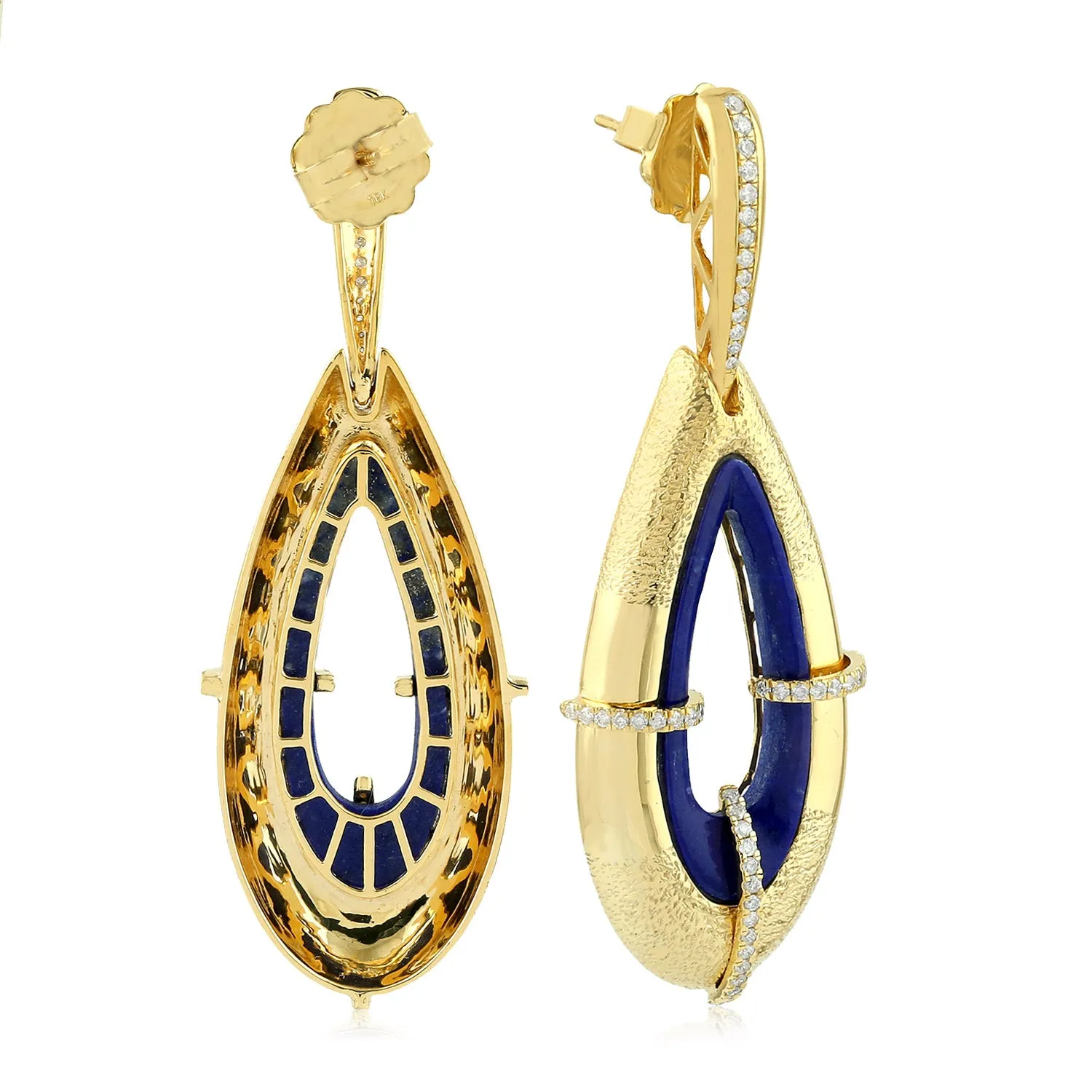 Pear Cut Lapis Pave Diamond Drop Ethnic Dangler In 18K Yellow Gold For Wedding