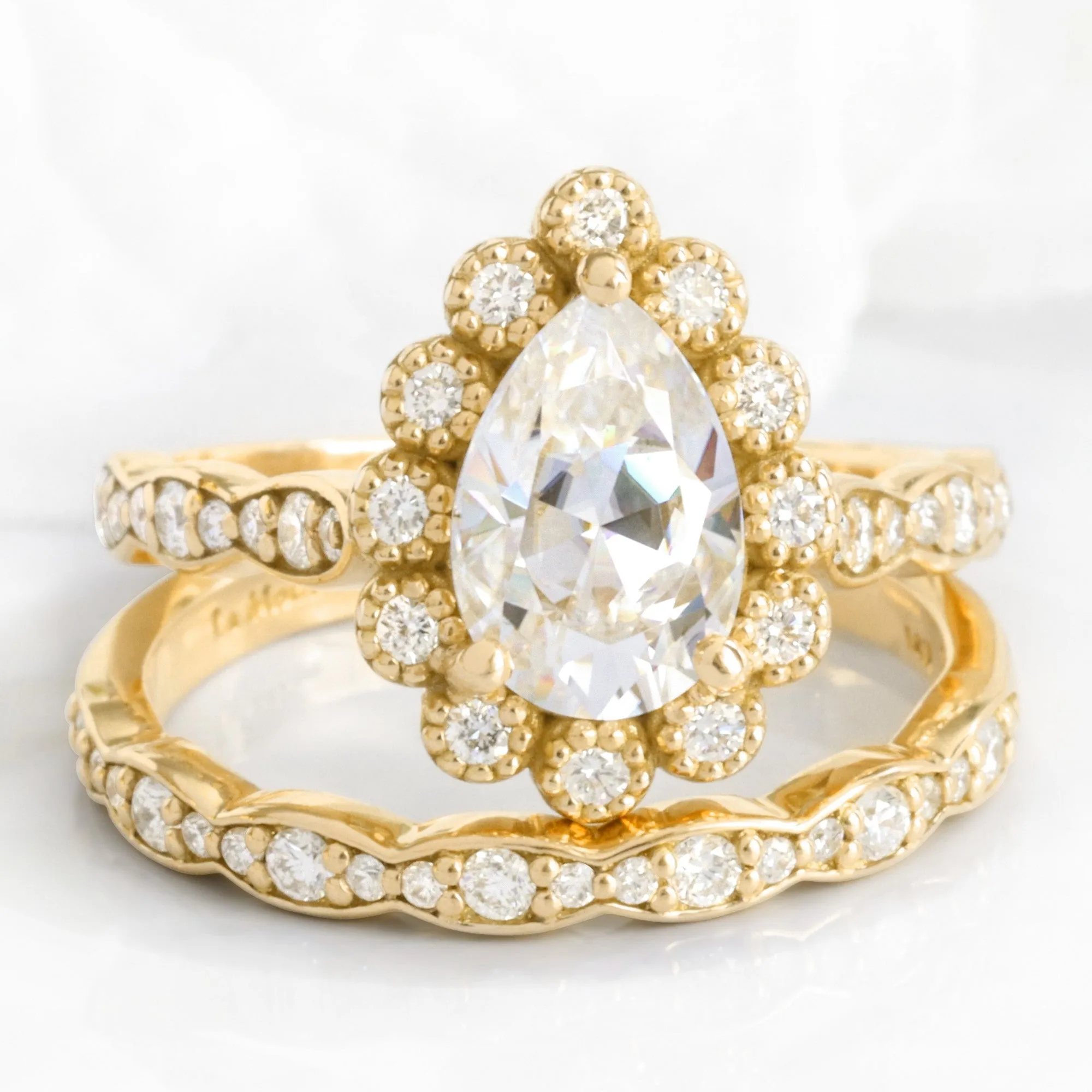 Pear Moissanite Diamond Ring Set w/ Matching Wedding Band in Vintage Luna Halo