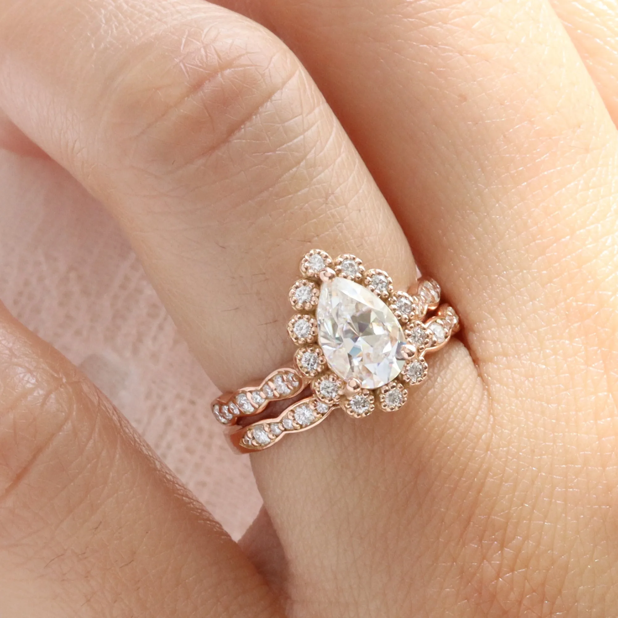 Pear Moissanite Diamond Ring Set w/ Matching Wedding Band in Vintage Luna Halo