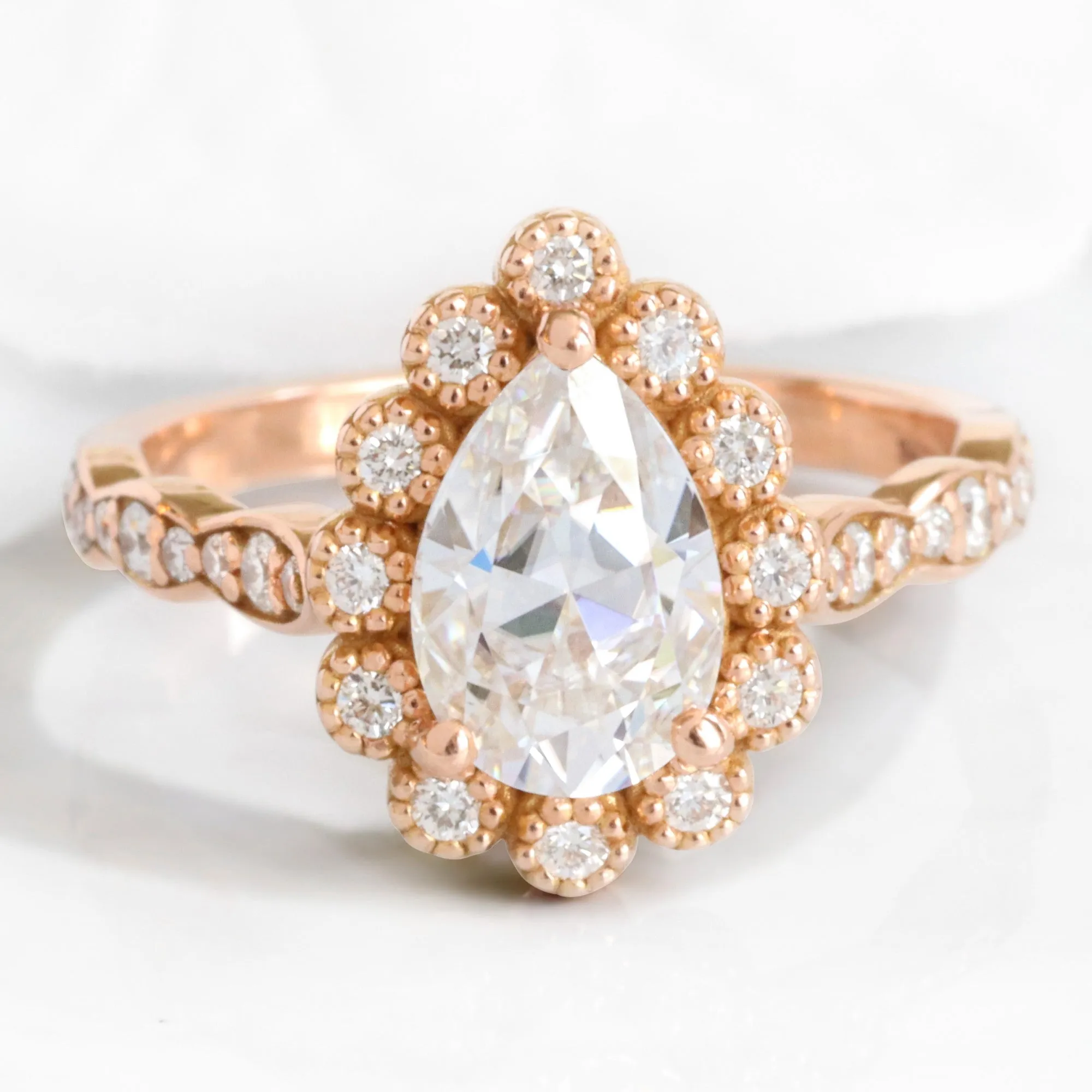 Pear Moissanite Diamond Ring Set w/ Matching Wedding Band in Vintage Luna Halo