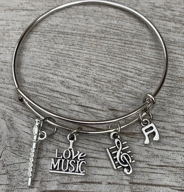 Personalized  Flute Charm Bangle Bracelet with Birthstone