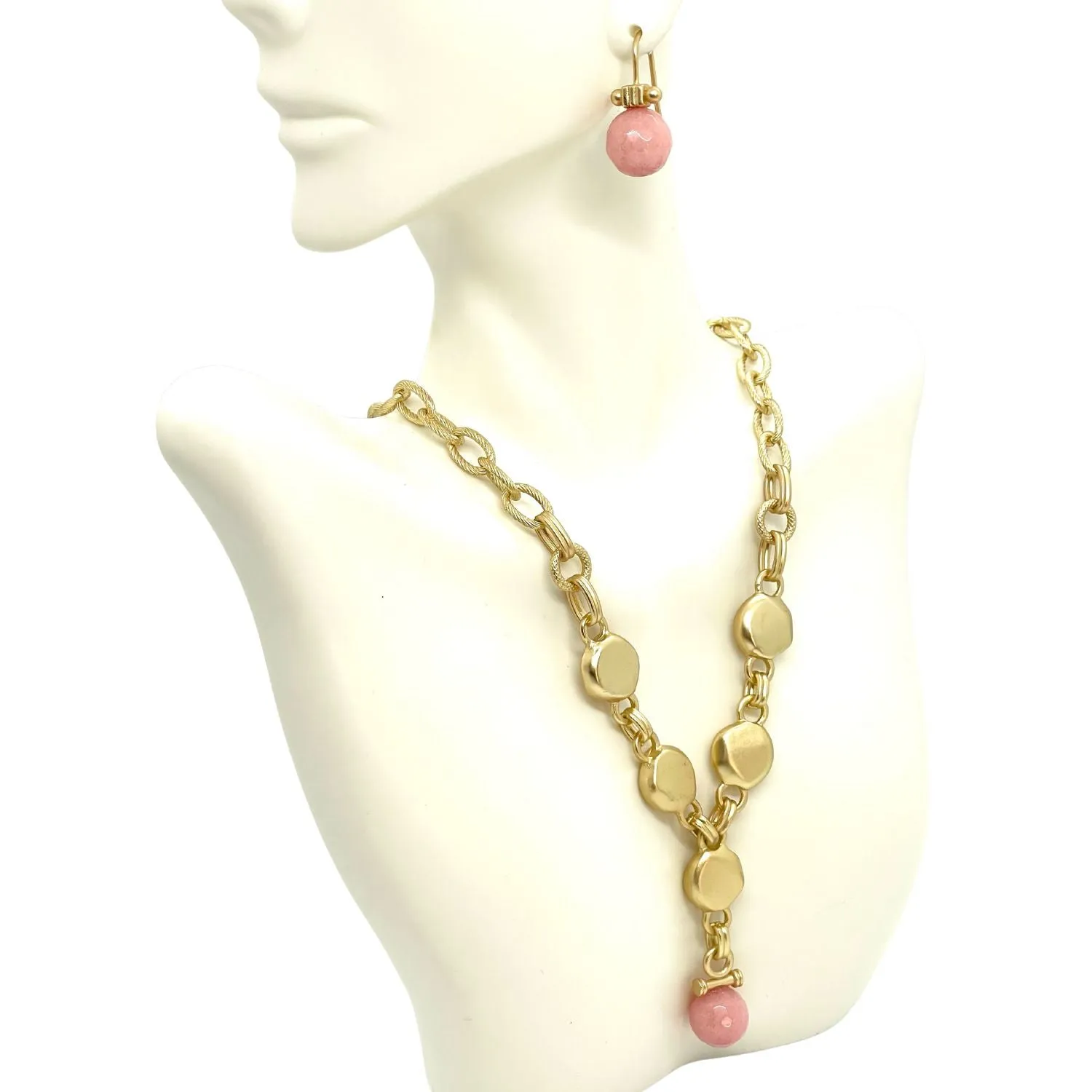 Pink Coral Jade with Matte Gold Column Top Earrings